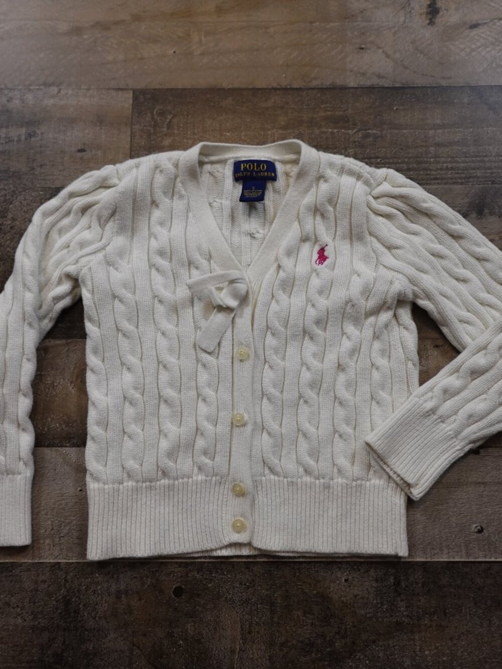 Polo Ralph Lauren Cable Knit Cardigan Girls Size 5 Ivory Pink Pony Bow